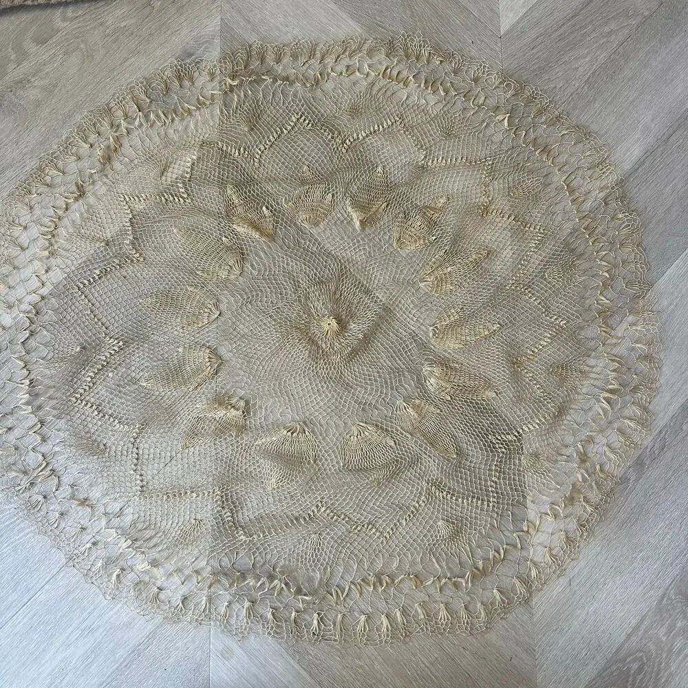 Vintage Embroider Net Mesh Lace Large Round Doily Vanity Table Topper Linen